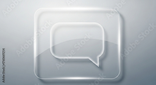 A transparent glass icon of a speech bubble, symbolizing communication, dialogue, and modern interface design, set against a soft gray background