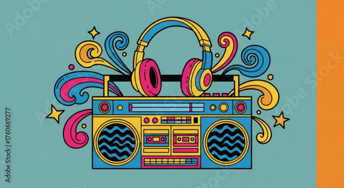 A vibrant retro boombox illustration with headphones, radiating a nostalgic vibe of music, culture, and vintage style, bursting with colorful energy