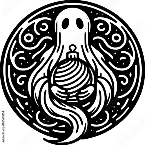 Spooky Orb Ornament: An ethereal spectral form cradles a meticulously detailed orb ornament, all enclosed within an intricate circular frame, creating a festive yet eerie vibe.