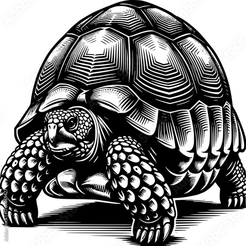 Ancient Tortoise: A detailed monochrome illustration of a venerable tortoise, its textured shell and wise eyes capturing a sense of age, wisdom and tranquility.