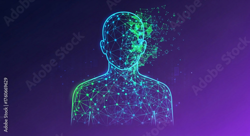 Abstract digital human face with network connections on purple background, symbolizing artificial intelligence and future technology concept