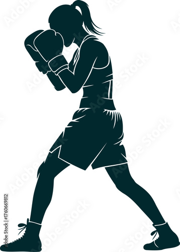 Shadow Boxing: The powerful silhouette of a female boxer poised in a fighting stance, gloves up and ready. The image showcases determination, strength, and the spirit of competitive sport.