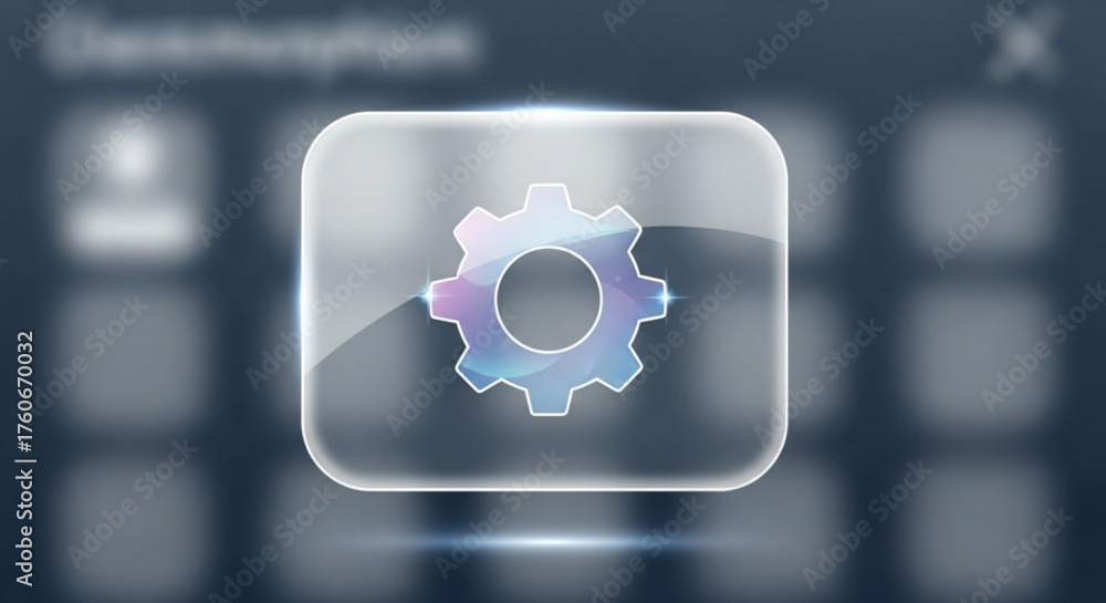 Glassmorphism setting icon with gear, showcasing a modern and transparent design for user interface and application