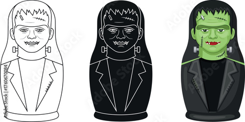 Frankenstein monster matryoshka doll set vector illustration in color black and white and outline perfect for Halloween designs