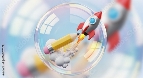 Rocket and pencil inside a soap bubble concept of creative idea, innovation, and startup vector illustration