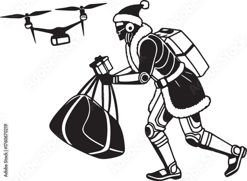 Vector silhouette of a robot Santa delivering presents with drones