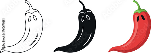 Red chili pepper illustration set featuring outline silhouette and color versions perfect for culinary designs and spicy food themes