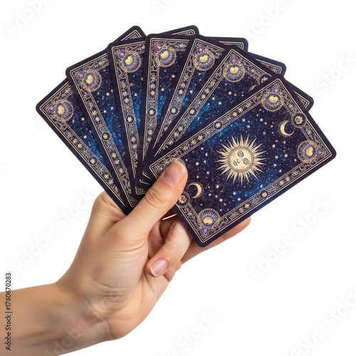 Woman's hand holding fortune telling oracle cards with dark cosmic celestial design. isolated PNG with Transparent Background