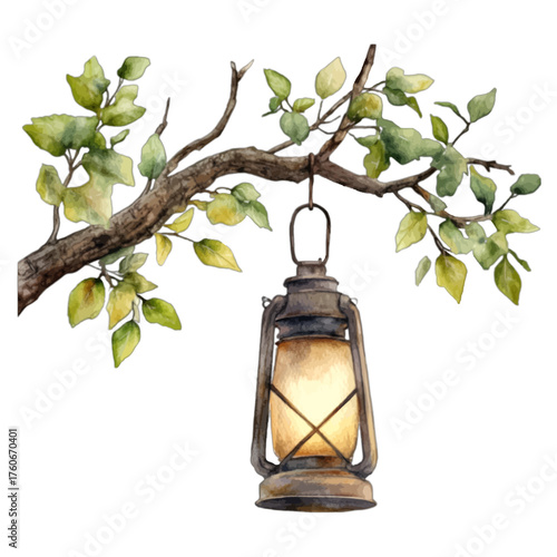 Rustic Watercolor Lantern Hanging from a Tree Branch: Cozy Autumn Clipart
