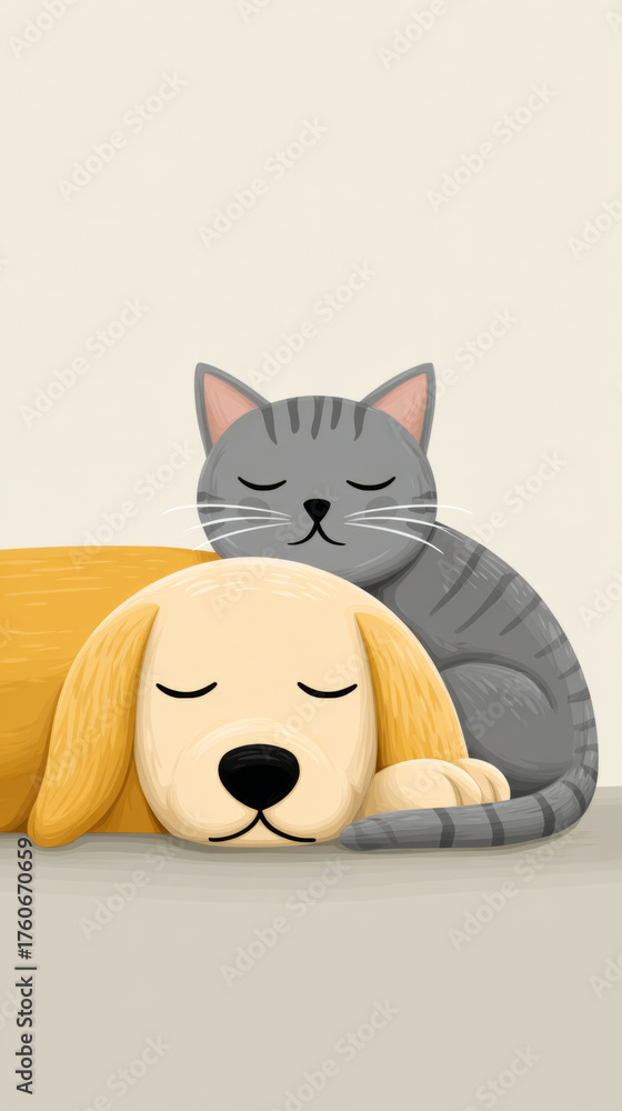 Fototapeta premium Unlikely friendships: heartwarming flat illustration of cat and dog companionship