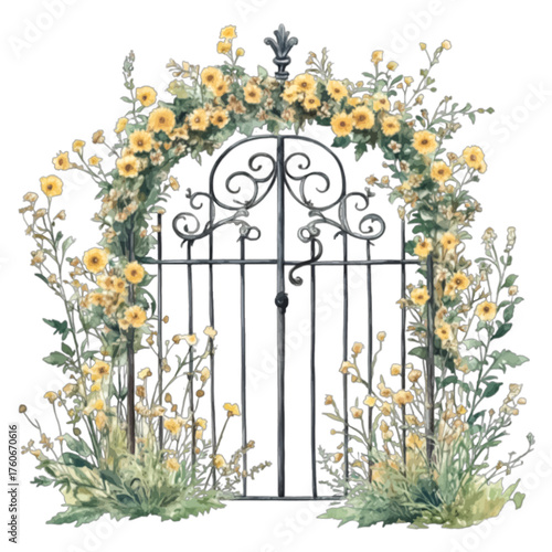 Elegant Watercolor Wrought Iron Gate with Yellow Floral Arch
