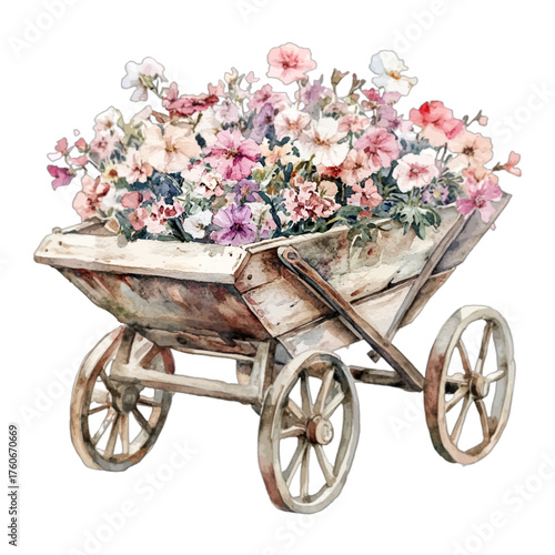 Rustic Watercolor Wheelbarrow with Wildflowers: Charming Garden Clipart
