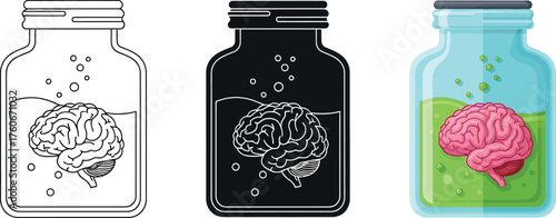 Brain in a jar vector illustration three different styles concept for science education or medical use