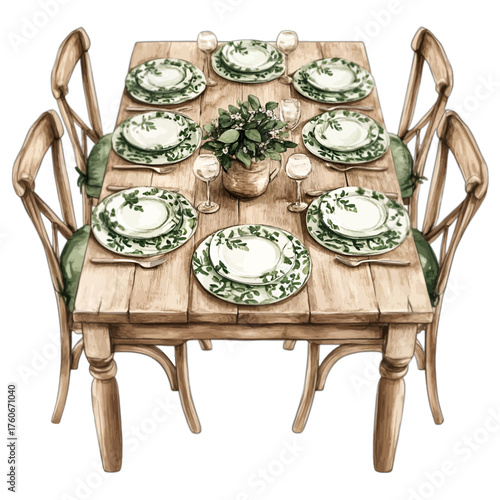 Rustic Watercolor Dining Table Set with Green Floral Plates
