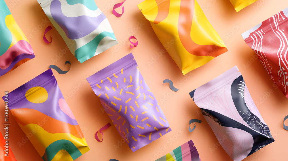 Fototapeta premium Colorful stand-up pouch packaging with abstract designs on pastel background