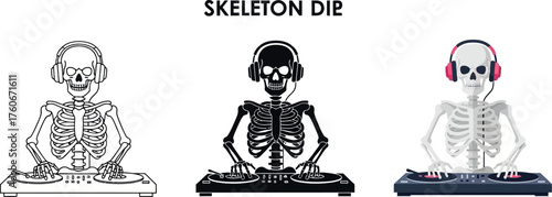 Skeleton DJ vector illustration wearing headphones and mixing music on turntables perfect for Halloween parties and music events