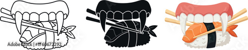 Funny vampire mouth holding sushi with chopsticks cartoon vector illustration for Halloween or food-related design isolated on white background