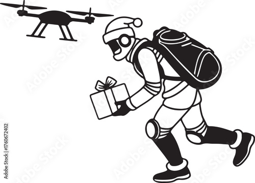 Vector silhouette of a robot Santa delivering presents with drones