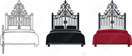 Elegant wrought iron bed vector illustration shown in line art silhouette and color isolated on a white background