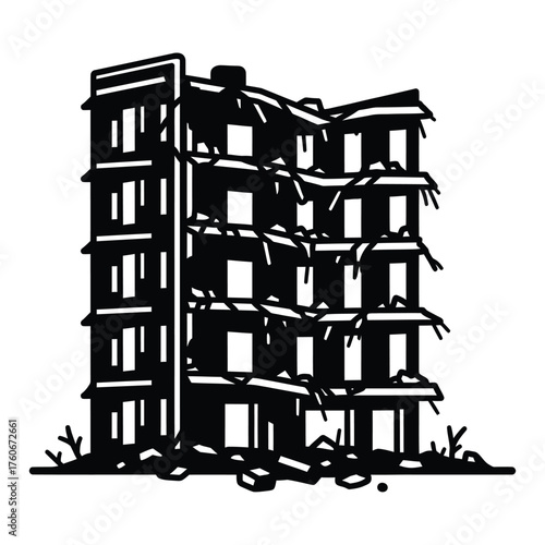 Damaged building with debris ruins architecture