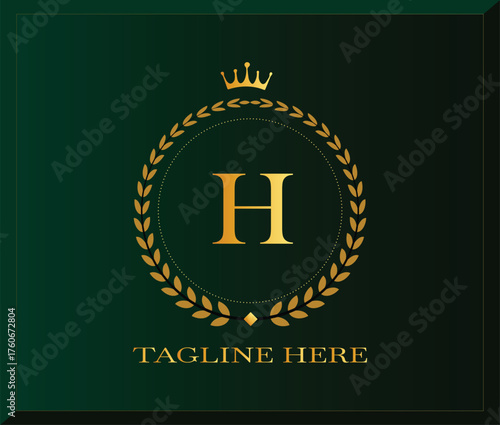 Vector art of elegant golden letter H monogram with crown and laurel wreath on dark green background, luxury emblem