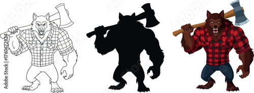 Cartoon werewolf lumberjack with an axe outline and silhouette versions vector illustration for Halloween or fantasy themes