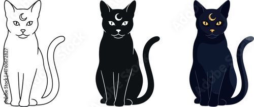 Set of mystical cat illustrations black cat with moon symbol vector design for Halloween or witchcraft themes