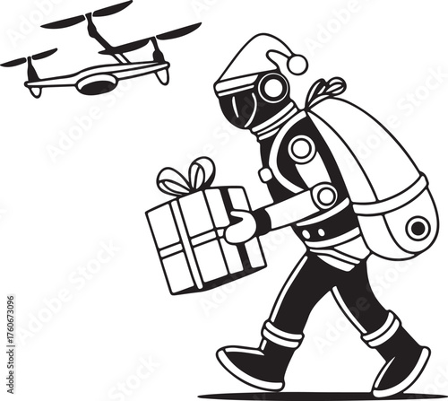 Vector silhouette of a robot Santa delivering presents with drones