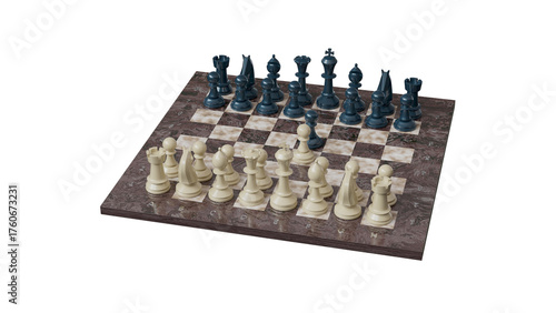 Chess pieces on the board in the starting position. Isolated. Transparent background. 3D Rendering.
