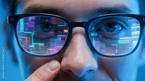 Reflection of Technology in Glasses: Future Tech Concept. A person wearing glasses, with the reflection of an abstract digital interface or circuit board visible in the lenses. 