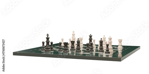 Wallpaper Mural Stylized 3D render of a chessboard mid-game with black and white pieces. Set on a dark green platform with circular cutouts, capturing strategic tension and modern board aesthetics. Torontodigital.ca