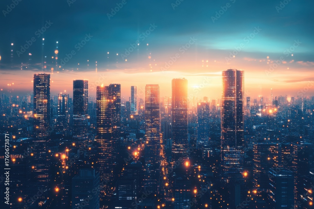 Fototapeta premium A stunning skyline with skyscrapers sparkles at sunset, reflecting the vibrant city life