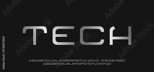 Contemporary metallic display font featuring bold uppercase and lowercase letters with numbers, perfect for innovative tech headlines, digital media, and branding projects