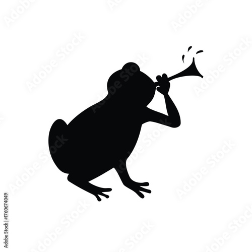 Frog blowing on trumpet with cheerful musical playful scene Vector illustration