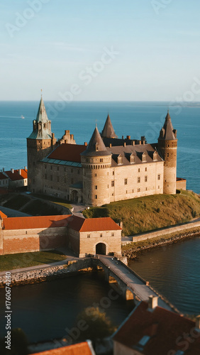 Bird’s-eye tilt-shift view of Kronborg Castle and seaside fortress walls