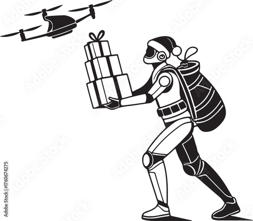 Vector silhouette of a robot Santa delivering presents with drones