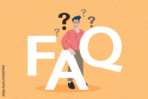A thoughtful man is looking for a solution to his problem. The FAQ letters and question marks symbolize asking questions and getting support. A modern concept for a Q and A section.