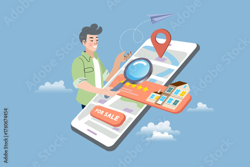 A man is house hunting on a mobile app, finding a 5-star property with a For Sale sign. This vector illustrates real estate technology, property search, and finding a new home online.