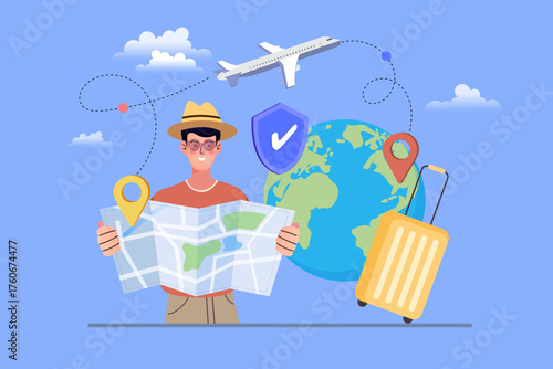 A man plans his vacation with a map, protected by a travel insurance shield. The globe and airplane illustrate a secure international journey. Concept of safe booking and global tourism.