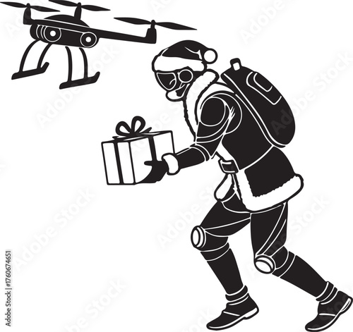 Vector silhouette of a robot Santa delivering presents with drones