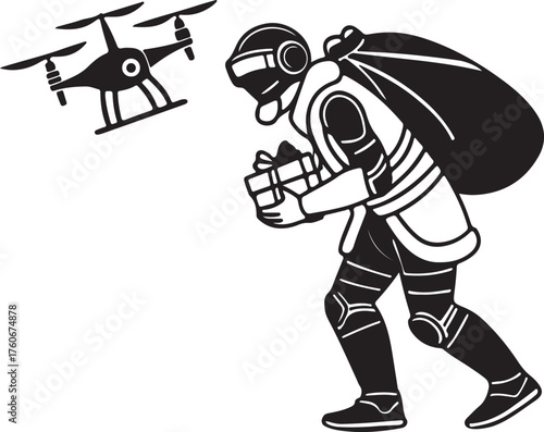 Vector silhouette of a robot Santa delivering presents with drones