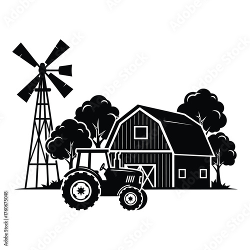 Farm scene with tractor barn and windmill trees