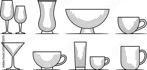 Elegant Glassware and Cup Sketches – Artistic Drinkware Illustrations for Design Projects