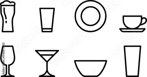 Outline Glassware and Serving Dish Icons – Minimal Hospitality and Bar Design Elements