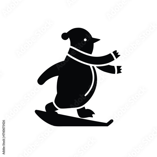 Penguin sliding playfully on ice wearing scarf in winter fun Vector illustration