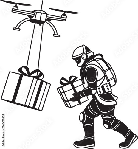 Vector silhouette of a robot Santa delivering presents with drones