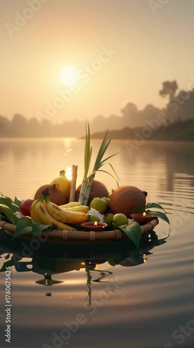 Traditional offering on a river at sunset, sunrise with fruits, coconuts, sugarcane, and diyas. 