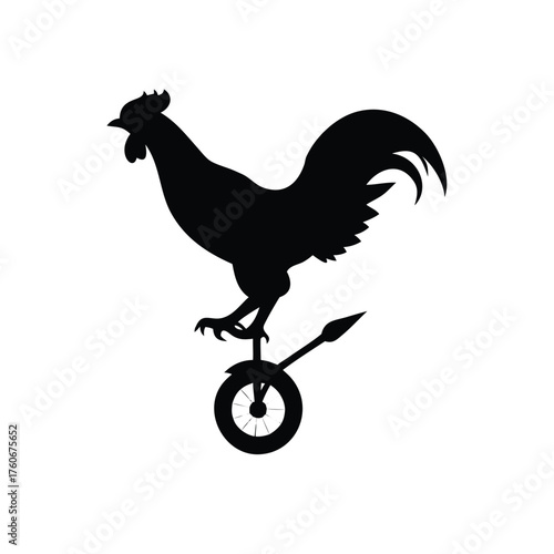 Cheerful rooster balancing on a unicycle with playful energetic movement Vector illustration