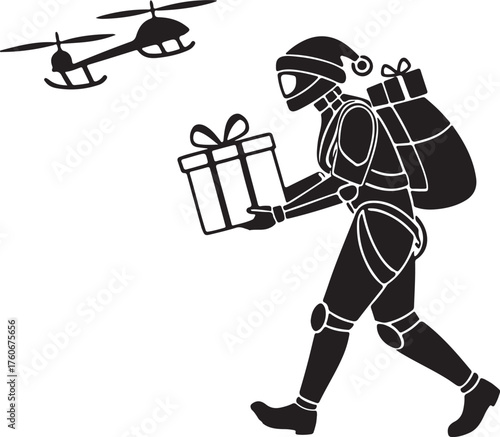 Vector silhouette of a robot Santa delivering presents with drones