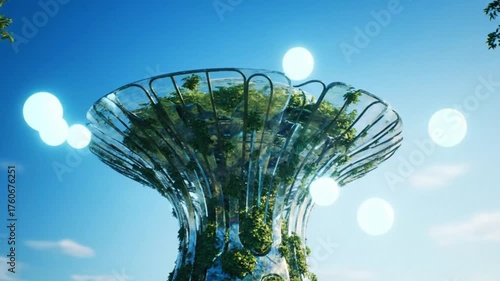 botanical garden in the sky with glowing orbs offers fresh air and tranquility, perfect for sustainable living concepts